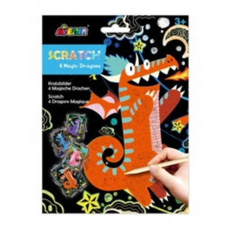 Colorful scratch art set featuring dragon designs, 4 sheets and a scratch stick for kids aged 3+, fostering creativity and fine motor skills.