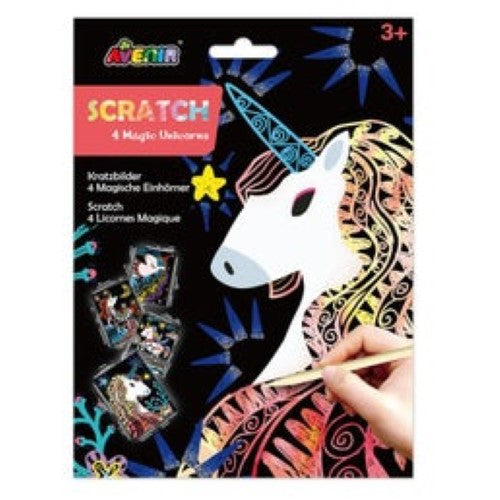 Colorful scratch art set featuring unicorn designs, includes 4 sheets and a stick for creative play for kids aged 3+.