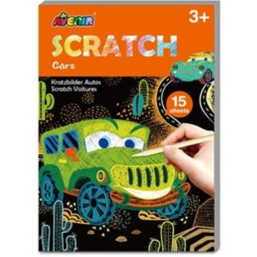 Colorful mini scratch art book featuring 15 vehicle designs, perfect for young artists aged 3 and up, with a scratching tool included.