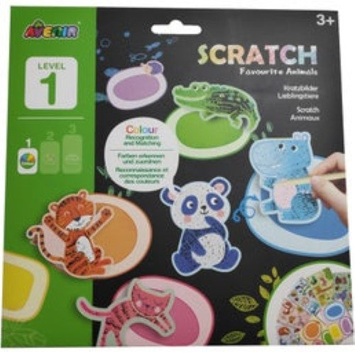 Brightly coloured scratch art kit for kids, featuring black paper and a pen to reveal cute animals and matching homes.