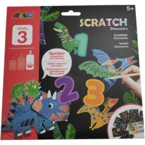 Colorful scratch art kit featuring dinosaur illustrations for kids aged 3+, promoting creativity and number recognition.