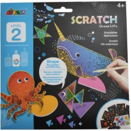 Scratch art kit featuring ocean life designs, promoting creativity and shape recognition for children aged 4 and up.