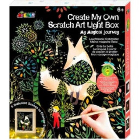 Creative light box kit with 8 enchanting designs and LED backlight for vibrant DIY scratch art displays.