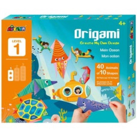 Vibrant origami kit for kids to create 40 ocean creatures with colorful sheets, mat, characters, and instructions.