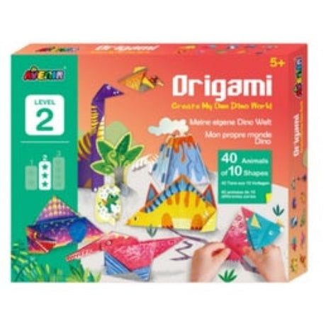 Colorful origami set for kids featuring 40 dinosaur designs, mats, and card characters to inspire creativity and imaginative play.