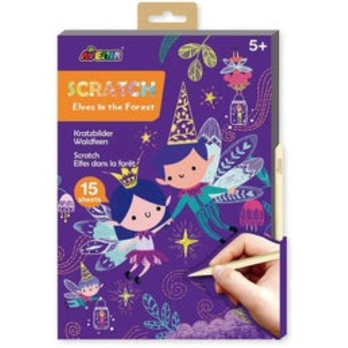 Avenir Scratch Elves In The Forest kit with 13 illustrated scratch cards for creative art fun, perfect for kids and adults.