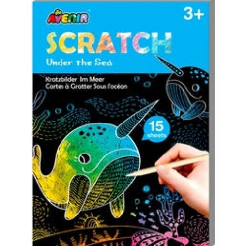 Scratch art set with 15 vibrant underwater designs, perfect for kids to explore creativity and fine motor skills.