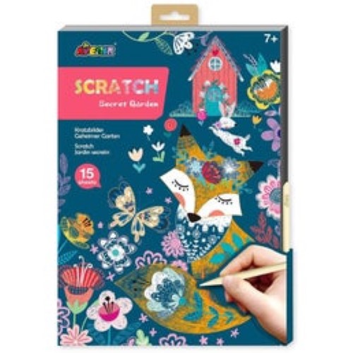 Avenir Scratch Secret Garden art book featuring illustrated garden scenes for creative scratch art fun for ages 7 and up.