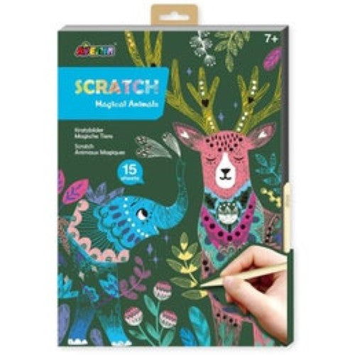 A4 scratch art book featuring 13 magical animal scenes and 2 rainbow cards for creative exploration, suitable for ages 7+.