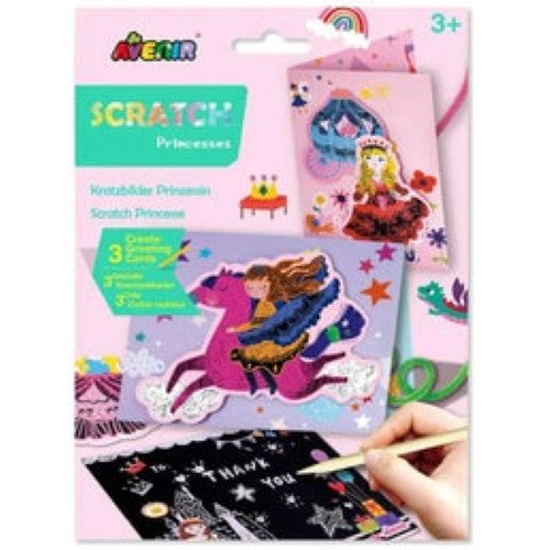 Two interactive greeting cards featuring scratch-off art for kids to create personalized messages and colorful images.