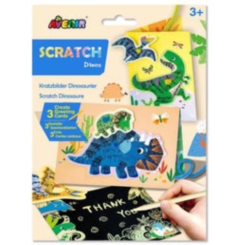 Avenir Scratch Dino Greeting Cards featuring vibrant scratch-off designs, ideal for kids to express creativity and heartfelt messages.