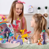 A playful craft kit featuring a unicorn-themed backdrop and materials to create unicorns and whimsical decorations.