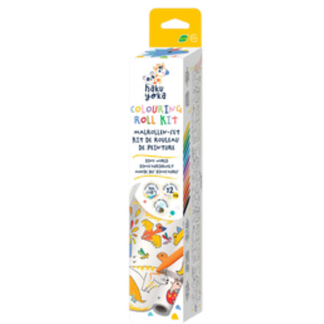 Haku Yoka Dino World Coloring Roll Kit with 3m dinosaur illustrations and 12 vibrant crayons for creative adventures.