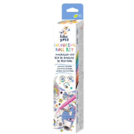 Haku Yoka Fantasy Unicorn Coloring Roll Kit featuring magical unicorns and landscapes, includes 12 vibrant crayons, 3 meters long.