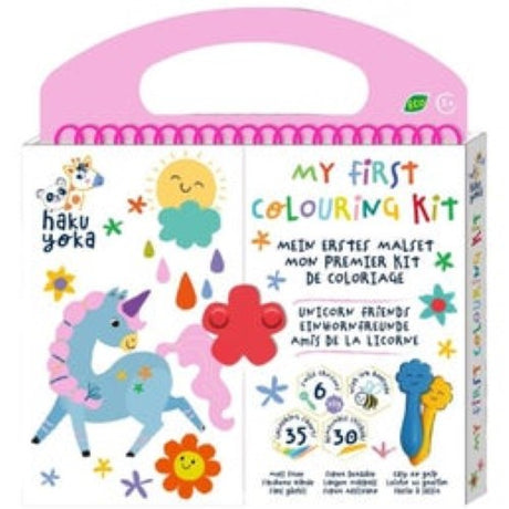 Bright coloring kit for toddlers featuring unicorn designs, 35 sheets, easy-grip crayons, and removable stickers for creative fun.