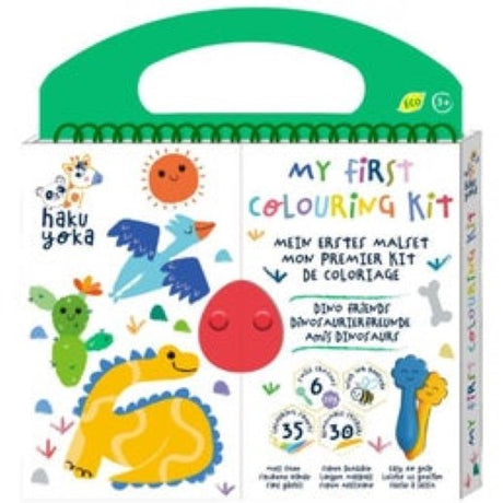 Coloring kit for toddlers featuring 35 dinosaur-themed sheets, 6 easy-grip crayons, and 30 removable stickers for creative play.