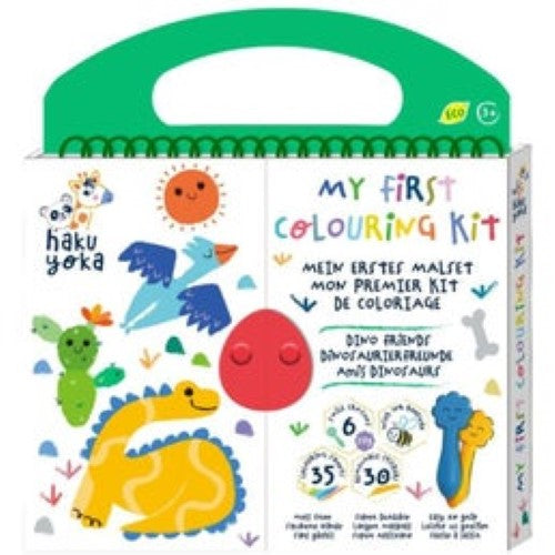 Coloring kit for toddlers featuring 35 dinosaur-themed sheets, 6 easy-grip crayons, and 30 removable stickers for creative play.