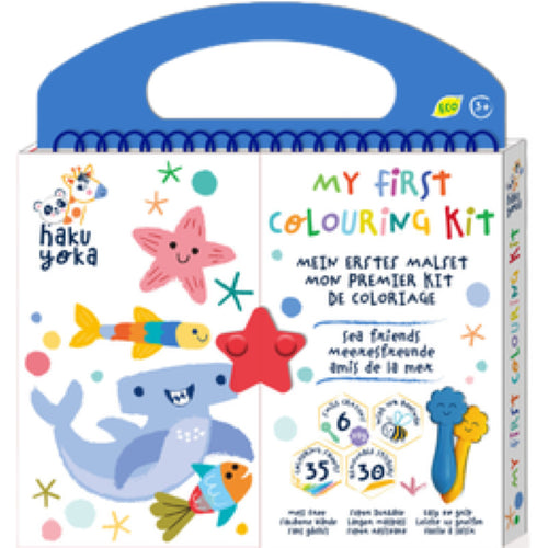 Coloring kit for kids with 35 sea-themed sheets, 6 easy-grip crayons, and 30 stickers for creative fun.