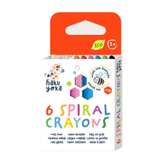 Colorful eco-friendly Haku Yoka spiral crayons made of beeswax, perfect for young artists aged 3 and up.