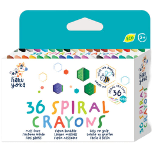 Colorful Haku Yoka 36 Colors Spiral Crayons designed for mess-free, creative fun for kids, featuring ergonomic grip and 10% beeswax.