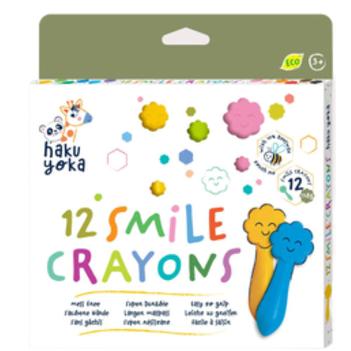 Colorful Haku Yoka 12 Colors Smile Crayons designed for toddlers, featuring friendly giraffe and panda characters for creative fun.