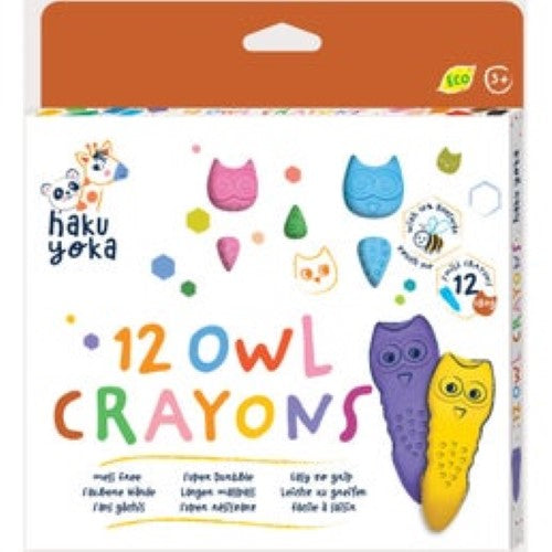 Colorful owl-shaped crayons designed for kids, featuring 12 vibrant colors and made with 10% beeswax for smooth, mess-free fun.