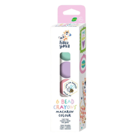 Haku Yoka 6 Bead Crayons in Macaron Colors, eco-friendly, easy-to-grip crayons for kids, inspiring creativity and fun.