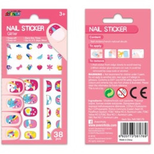 Avenir Glitter Pink Nail Stickers for creative nail art, featuring vibrant designs; easy application and removal for ages 3+.