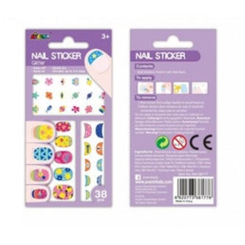 Glitter purple nail stickers for easy, stylish nail art; perfect for ages 3+, lasting 3-5 days, mess-free application.