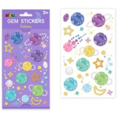 Vibrant Avenir Gem Stickers Galaxy featuring celestial designs for creative decoration, ideal for kids aged 3 and up.