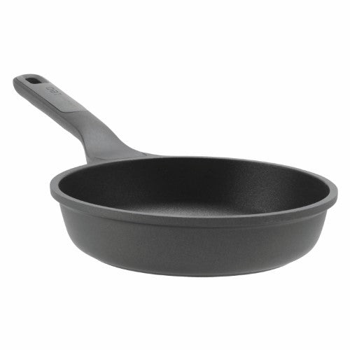 A versatile 20cm frying pan with non-stick coating, durable cast aluminum, and a cool-touch handle for safe cooking.