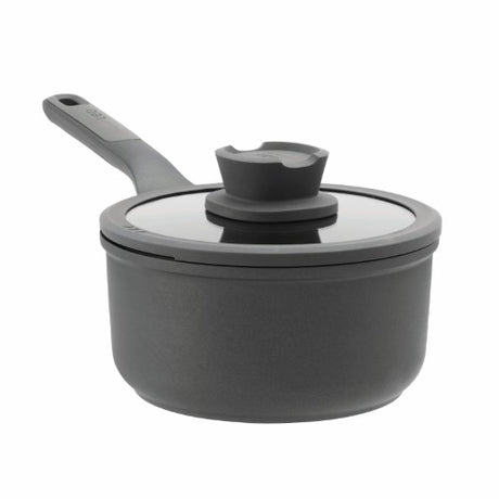 Berghoff Stone+ 18cm covered saucepan with glass lid, non-stick coating, and phenolic handle for versatile cooking.