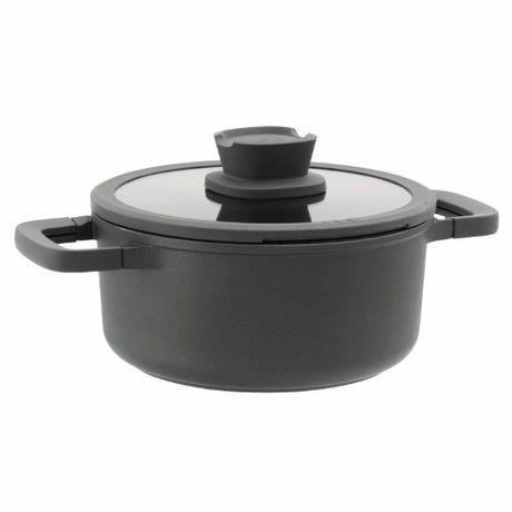 Versatile 20cm Berghoff Stone+ Covered Casserole with non-stick coating, glass lid, and silicone handles for safe cooking.