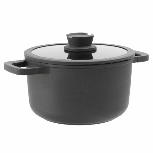 Berghoff Stone+ Covered Stockpot, 24x14cm, cast aluminum, non-stick, glass lid with drain hole, ovenproof, ideal for soups and stews.