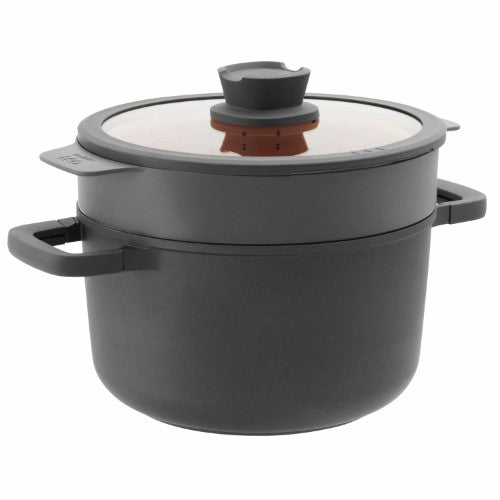 Berghoff Stone+ Covered Stockpot, 24x14cm, features non-stick coating, glass lid with drain hole, ideal for soups and stews.