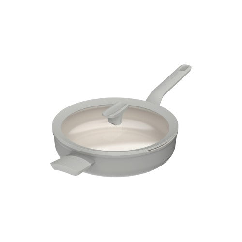 Sleek 26cm covered sauté pan in Moonmist with recycled aluminum body, ceramic non-stick coating, and stay-cool handle.