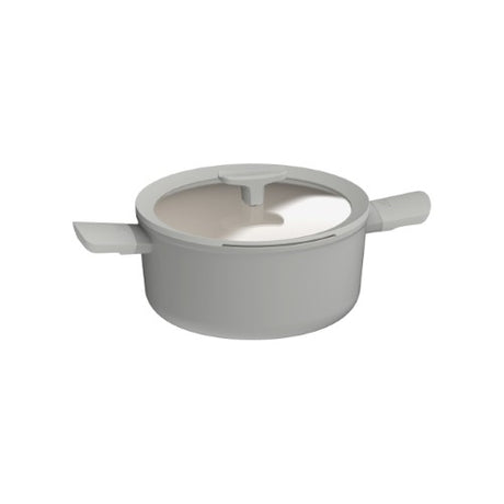 Eco-friendly Berghoff Bal Moonmist stock pot features ceramic non-stick coating, stay-cool handles, and a multifunctional lid.