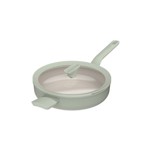 Covered sauté pan made from recycled aluminum, featuring a ceramic non-stick coating, glass lid, and stay-cool handle.