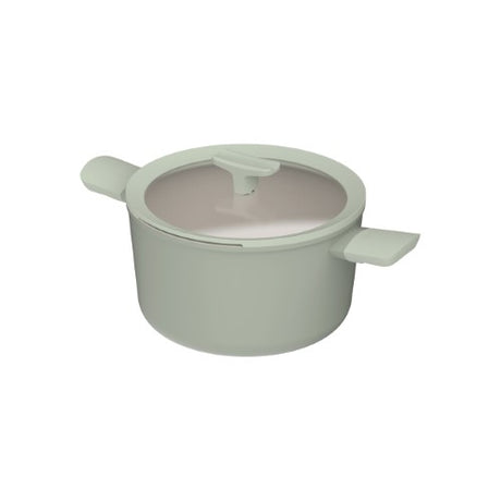 Sage-colored covered stockpot made of recycled aluminum with non-stick coating, stay-cool handles, and a glass lid with straining feature.