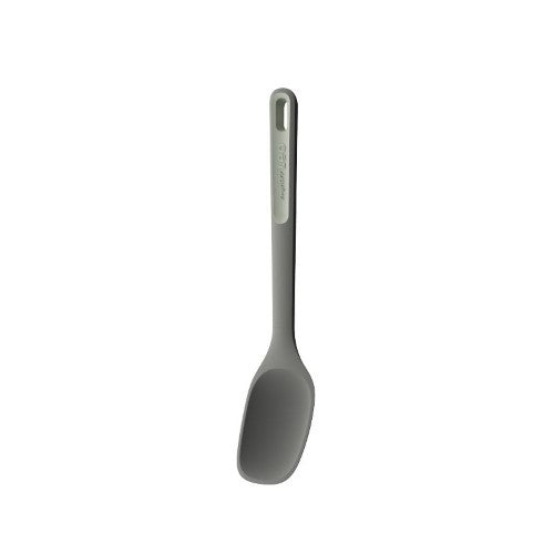 A durable 12.75" nylon serving spoon with a silicone-coated handle, perfect for serving food without scratching cookware.