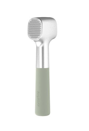 Dual-sided meat hammer with spiked side for tenderizing and smooth side for flattening, featuring a comfortable soft-touch handle.