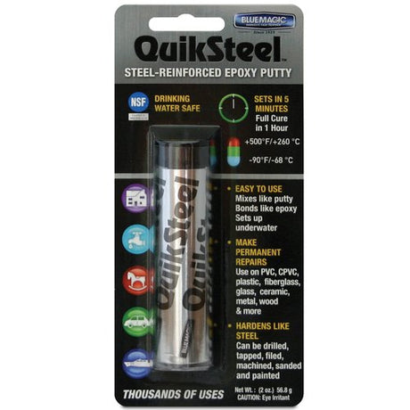 Quiksteel Epoxy Putty - 56.8g, a steel-reinforced putty for durable repairs, sets in 5 minutes and withstands high temperatures.