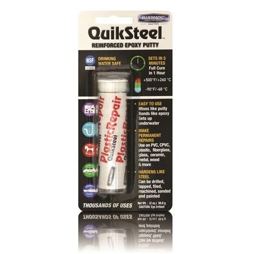 Quiksteel Plastic Repair Putty - versatile white epoxy putty for quick repairs; sets in 5 minutes, withstands 260°C.