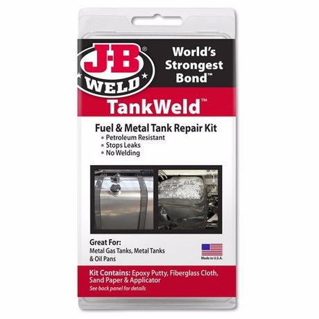 Tank Weld Repair Kit by JB WELD, designed to seal fuel and metal tank leaks without welding, offering durable repairs.