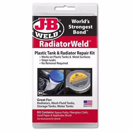 JB WELD Radiator Weld Repair Kit for quick, durable repairs on plastic and metal radiators without removal.