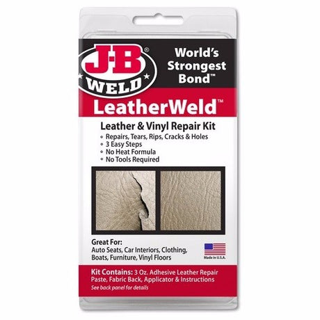 Leather Weld Repair Kit by JB Weld, designed for easy no-heat repairs of leather and vinyl tears, cracks, and holes.