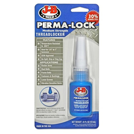 Perma-Lock Blue Threadlocker by JB Weld, a 13ml solution for securing fasteners against vibration and stress.