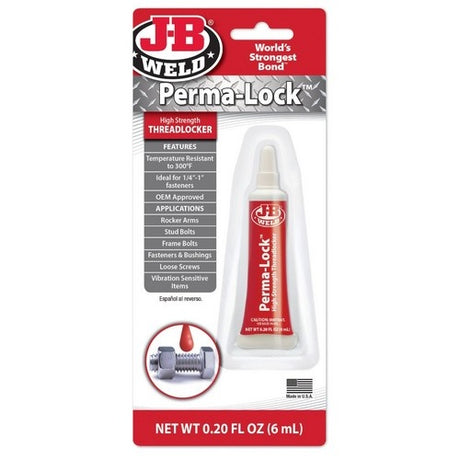 Perma-Lock Red Threadlocker by JB Weld, 6ML, prevents fastener loosening under vibration; ideal for durable mechanical applications.