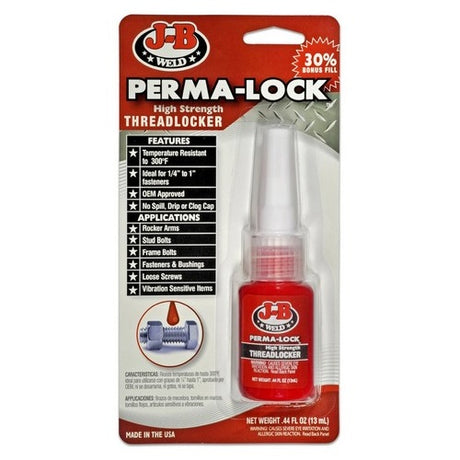 Perma-lock 13ml Red Threadlocker by JB Weld, designed for strong, reliable bonding and securing of threaded fasteners under stress.