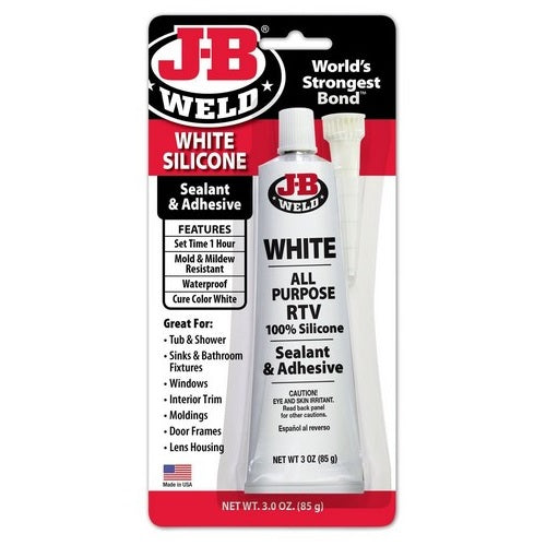 JB Weld White RTV Silicone 85g tube for versatile waterproof sealing in household and mechanical applications.